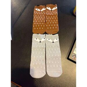 Toddler Crew Socks 2 Pair Fox Design Brown & Gray Soft Cotton Blend
